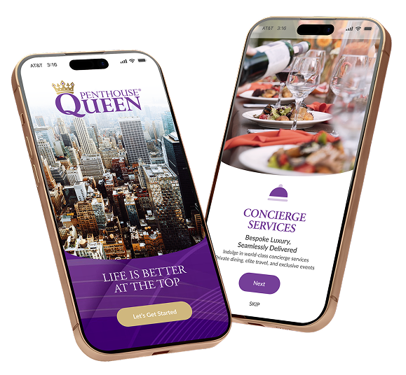 Penthouse Queen mobile app prototype showing home and concierge service screens