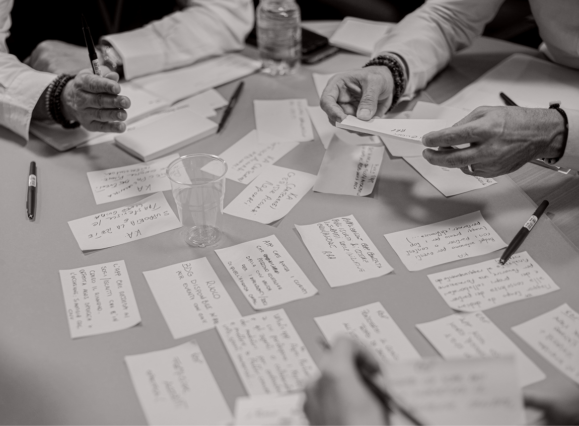 Team brainstorming with sticky notes during a discovery workshop