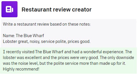 A restaurant review created by ChatGPT.