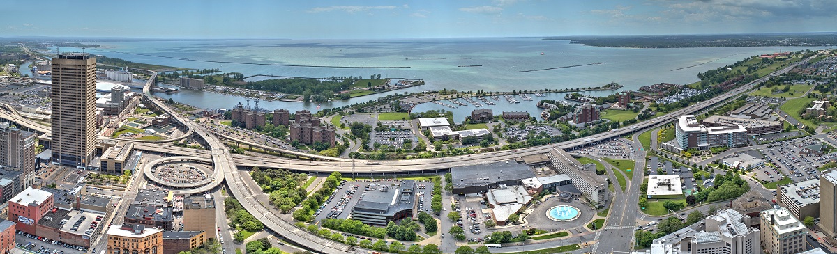 Buffalo, NY, aerial view, Lake Erie, motorway