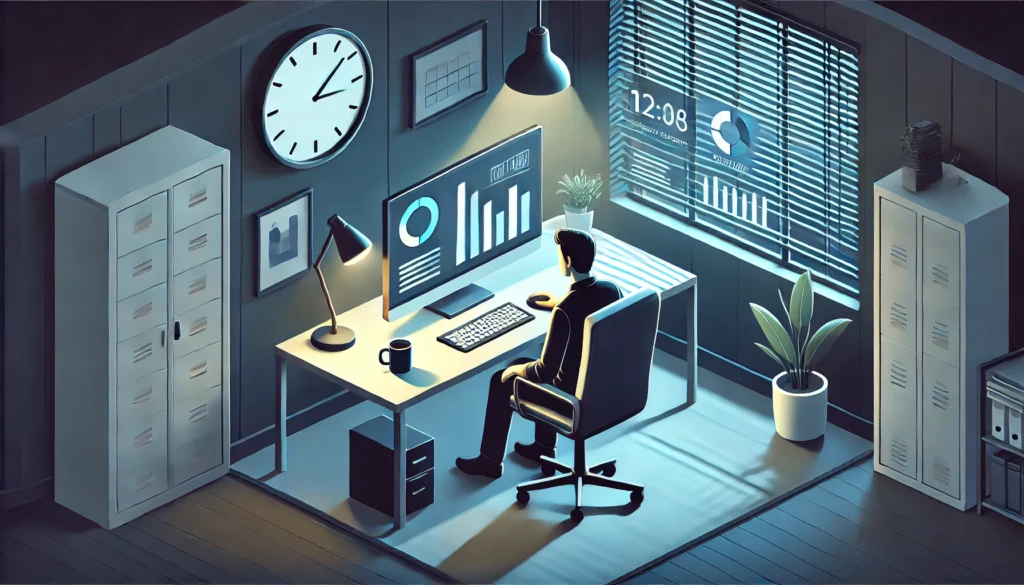 Worker at desk, late at night looking at dashboards