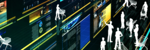 Illustration of people's profiles in white, against a virtual reality corridor with colourful digital abstract images
