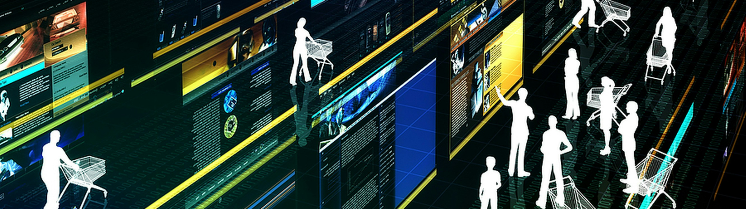 Illustration of people's profiles in white, against a virtual reality corridor with colourful digital abstract images